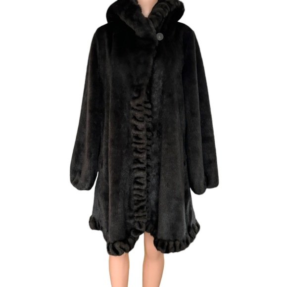 Jones New York Jackets & Blazers - Jones New York Black Hooded Faux Fur Coat Size Large